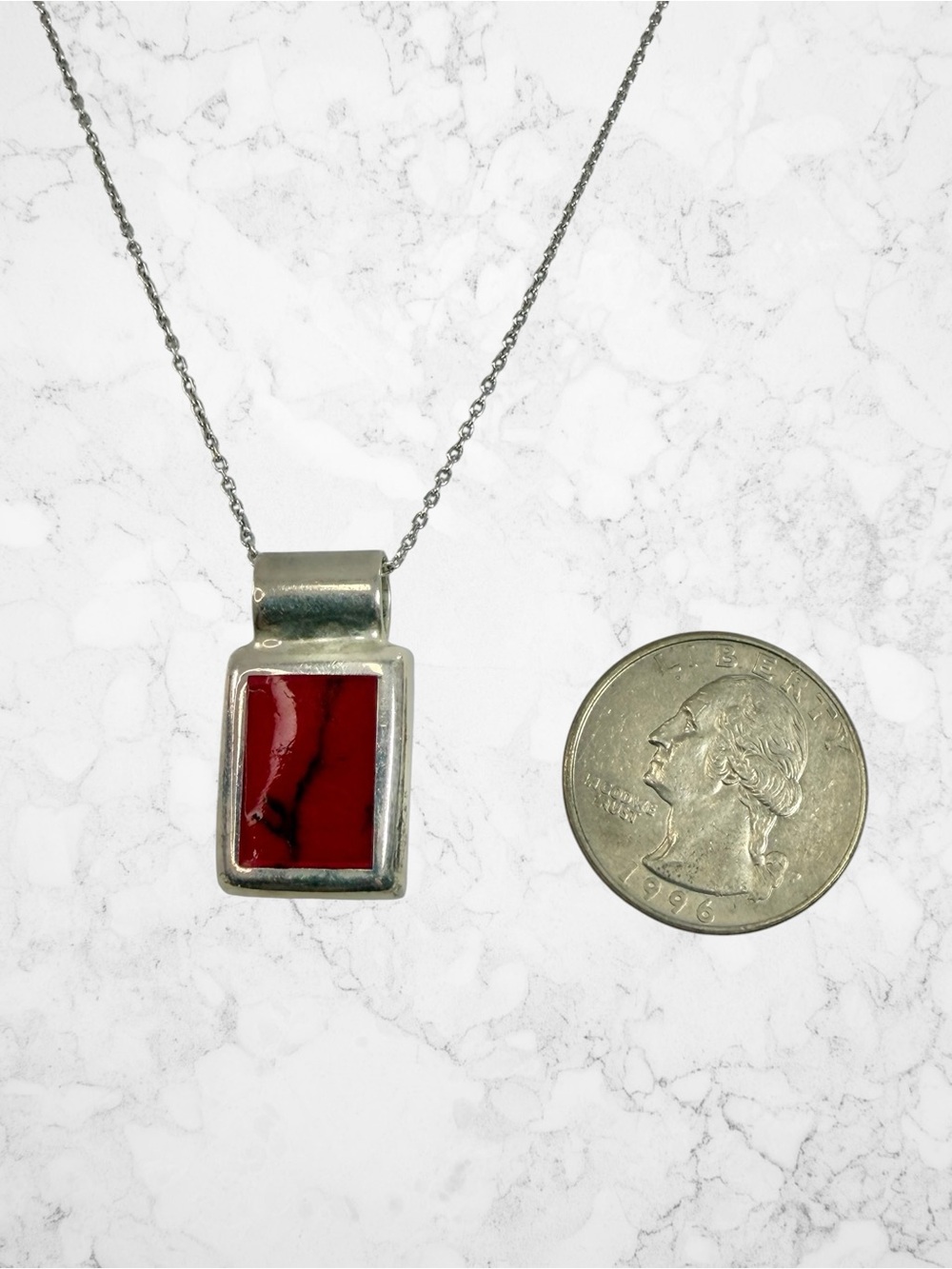Sterling Silver 925 Mexico Red Jasper Gemstone Pendant Necklace Rectangle 18” - Picture 4 of 11